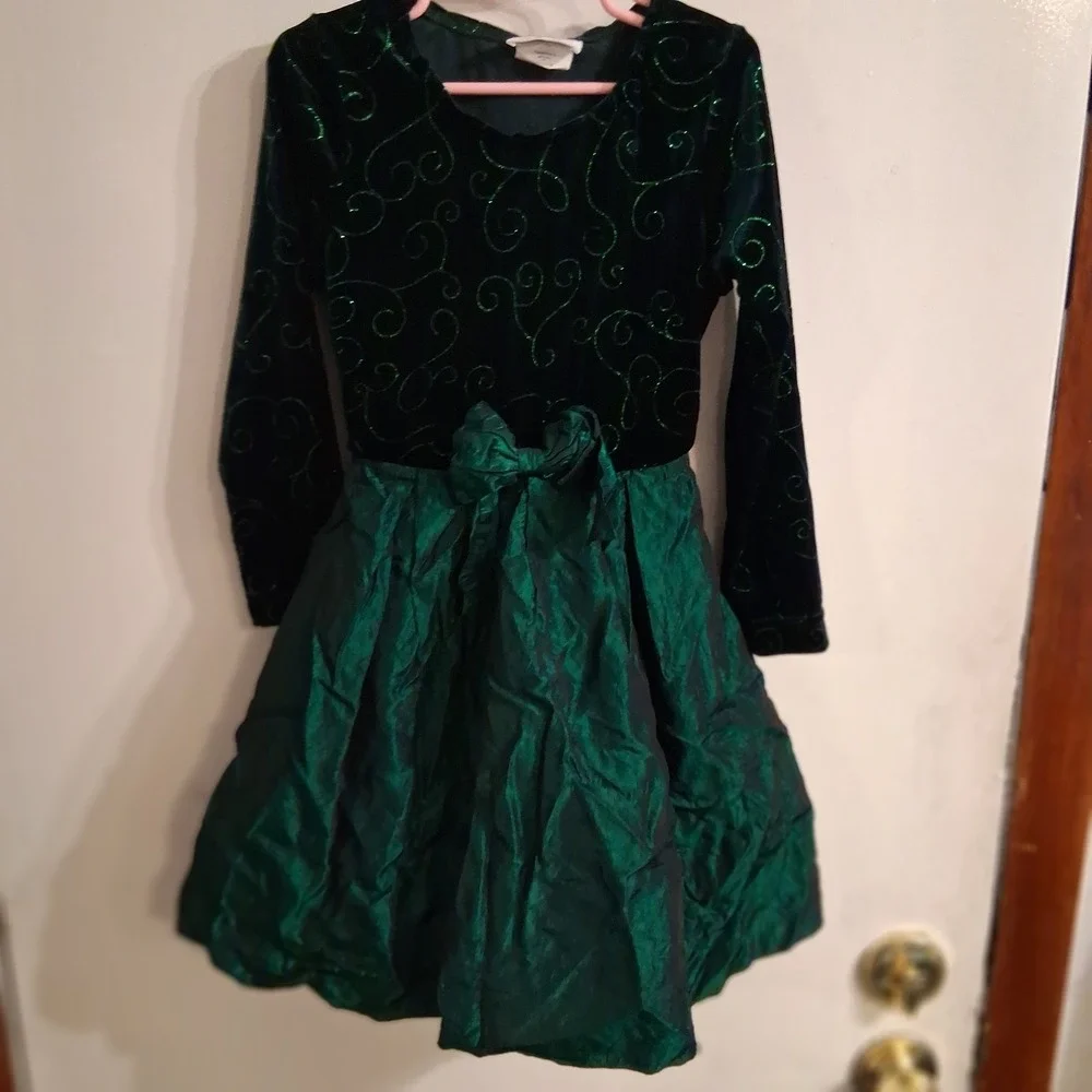 Vintage Girls Emerald Green Velvet Taffeta Glitter Swirl Dress 90s Wicked 6‎